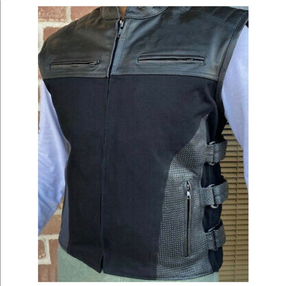 MEN'S MOTORCYCLE BLACK SWAT PREMIUM LEATHER AND DENIM CONCEALED CARRY VEST - Picture 2 of 6
